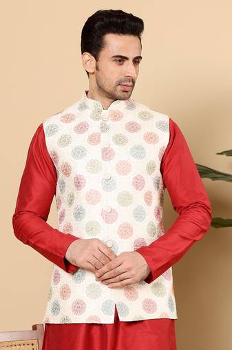 Cream silk embroidered nehru jacket