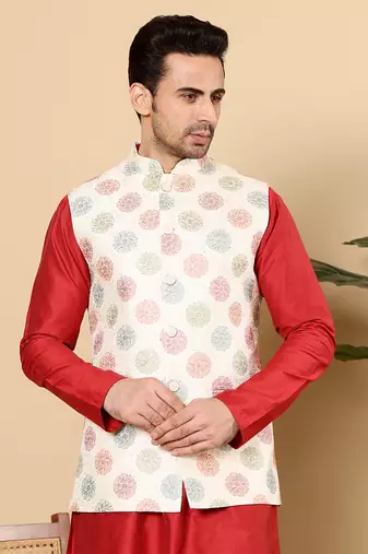 Cream silk embroidered nehru jacket