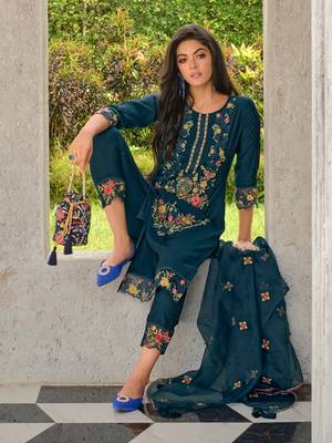 Teal embroidered viscose silk salwar suit 4