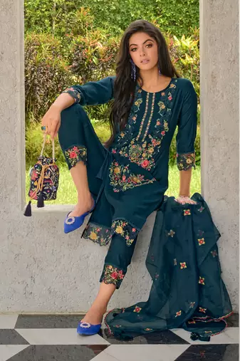 Teal embroidered viscose silk salwar suit