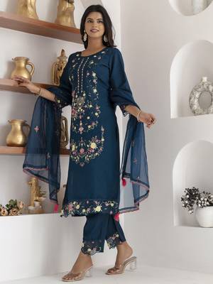 Teal embroidered viscose silk salwar suit 1