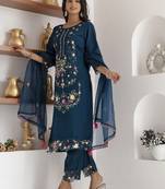 Teal embroidered viscose silk salwar suit