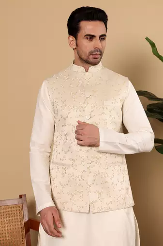 Pink silk embroidered nehru jacket