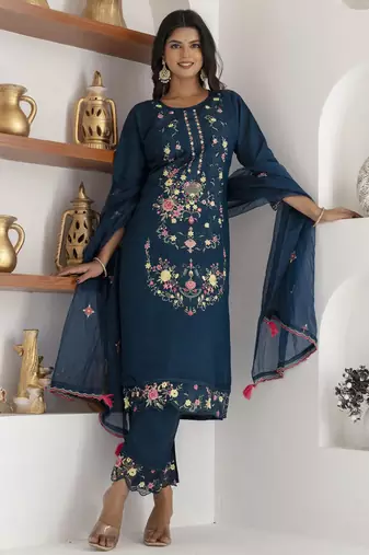 Teal embroidered viscose silk salwar suit