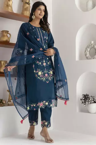 Teal embroidered viscose silk salwar suit