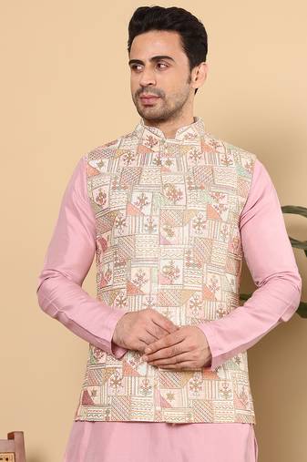 Light blue silk embroidered nehru jacket