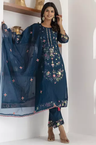 White embroidered viscose silk salwar suit