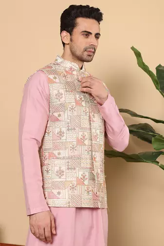 Light blue silk embroidered nehru jacket