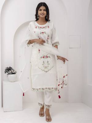White embroidered viscose silk salwar suit 1
