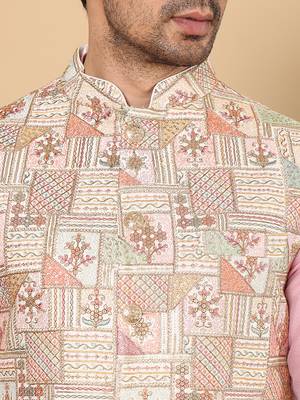 Light blue silk embroidered nehru jacket 4