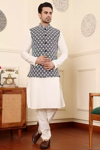 Black silk embroidered nehru jacket
