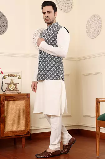 Black silk embroidered nehru jacket