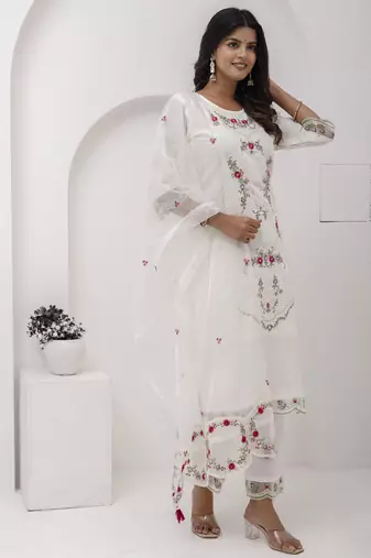 White embroidered viscose silk salwar suit