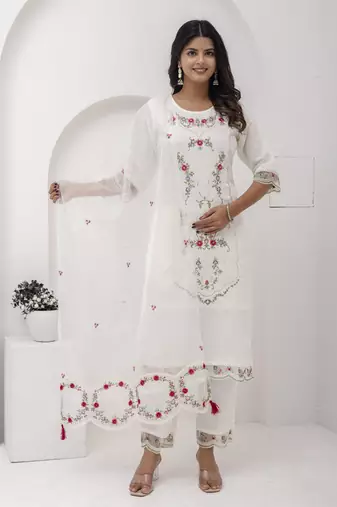 White embroidered viscose silk salwar suit