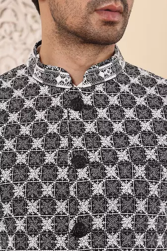 Black silk embroidered nehru jacket