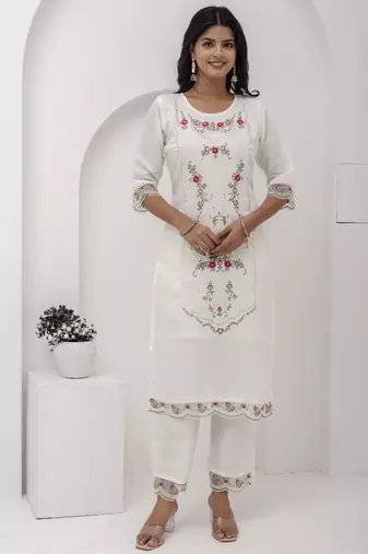 White embroidered viscose silk salwar suit