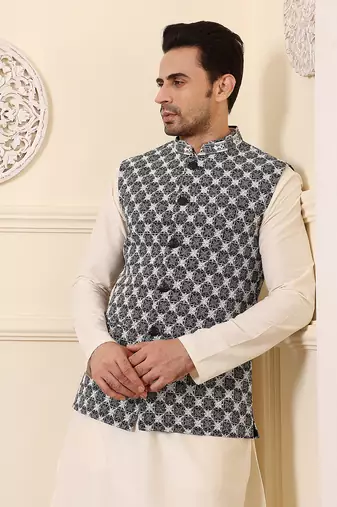 Black silk embroidered nehru jacket