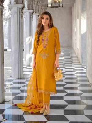 Yellow embroidered viscose silk salwar suit 1