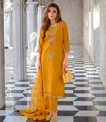 Yellow embroidered viscose silk salwar suit