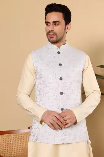 White silk embroidered nehru jacket
