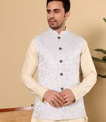 White silk embroidered nehru jacket