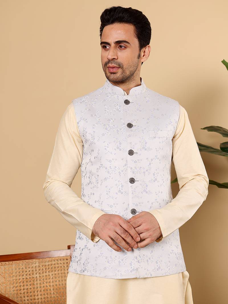 White silk embroidered nehru jacket