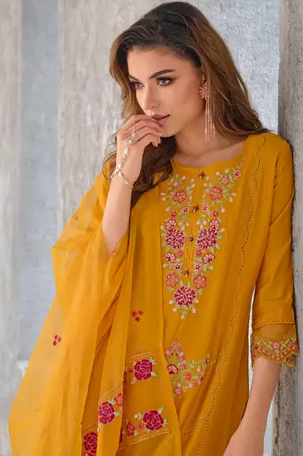 Yellow embroidered viscose silk salwar suit