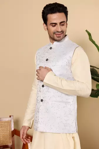 White silk embroidered nehru jacket