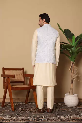 White silk embroidered nehru jacket