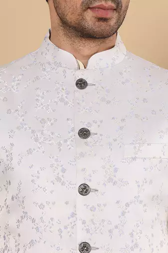 White silk embroidered nehru jacket