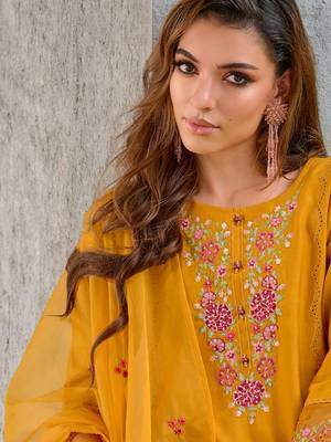 Yellow embroidered viscose silk salwar suit 3