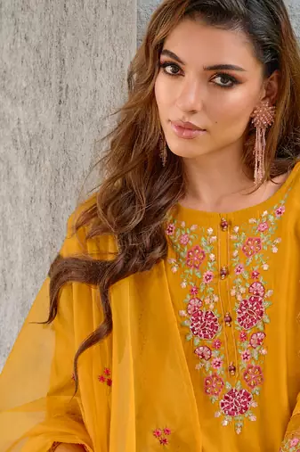 Yellow embroidered viscose silk salwar suit