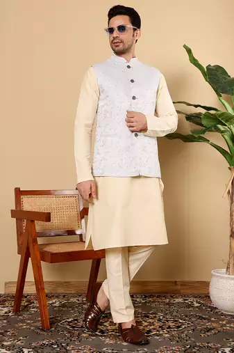 White silk embroidered nehru jacket