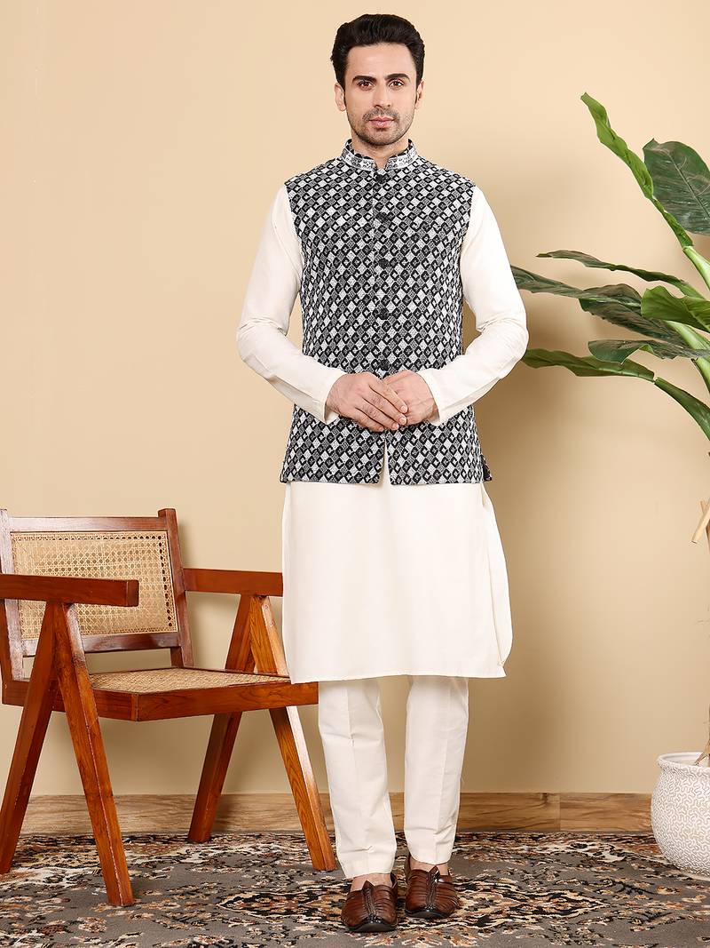 Black silk embroidered nehru jacket