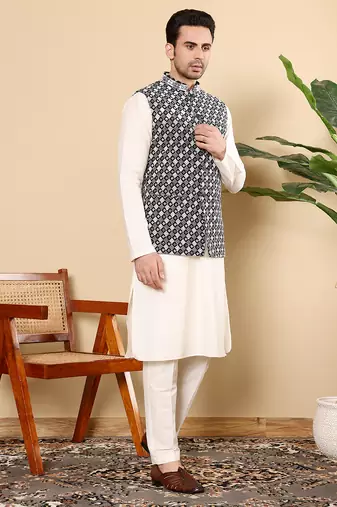 Black silk embroidered nehru jacket