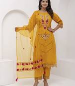 Yellow embroidered viscose silk salwar suit