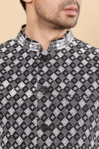 Black silk embroidered nehru jacket