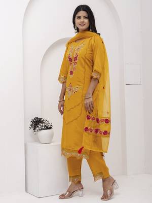 Yellow embroidered viscose silk salwar suit 2