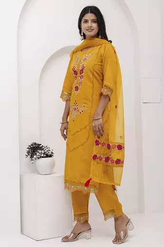 Yellow embroidered viscose silk salwar suit