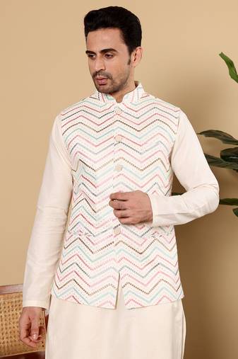 Blue silk embroidered nehru jacket