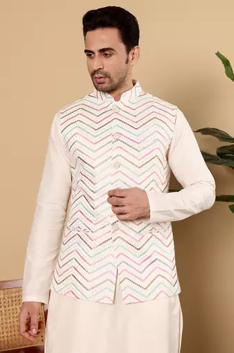 Blue silk embroidered nehru jacket