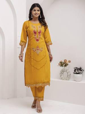 Yellow embroidered viscose silk salwar suit 3