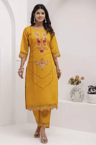 Yellow embroidered viscose silk salwar suit