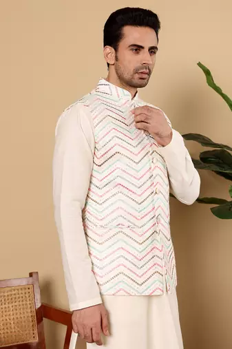 Blue silk embroidered nehru jacket