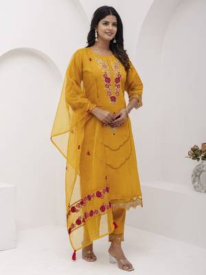 Yellow embroidered viscose silk salwar suit 4