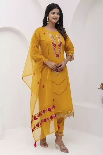 Yellow embroidered viscose silk salwar suit