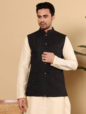 Yellow silk embroidered nehru jacket 1