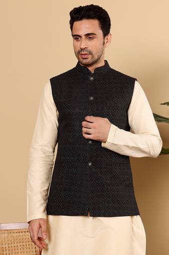 Yellow silk embroidered nehru jacket