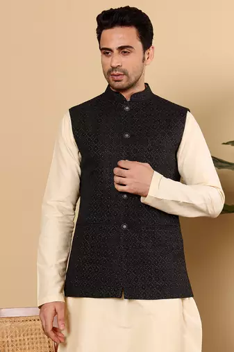 Yellow silk embroidered nehru jacket