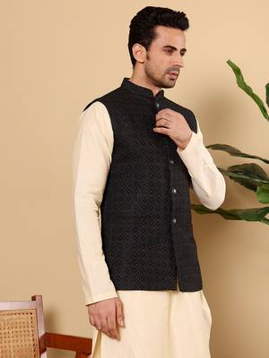 Yellow silk embroidered nehru jacket 2